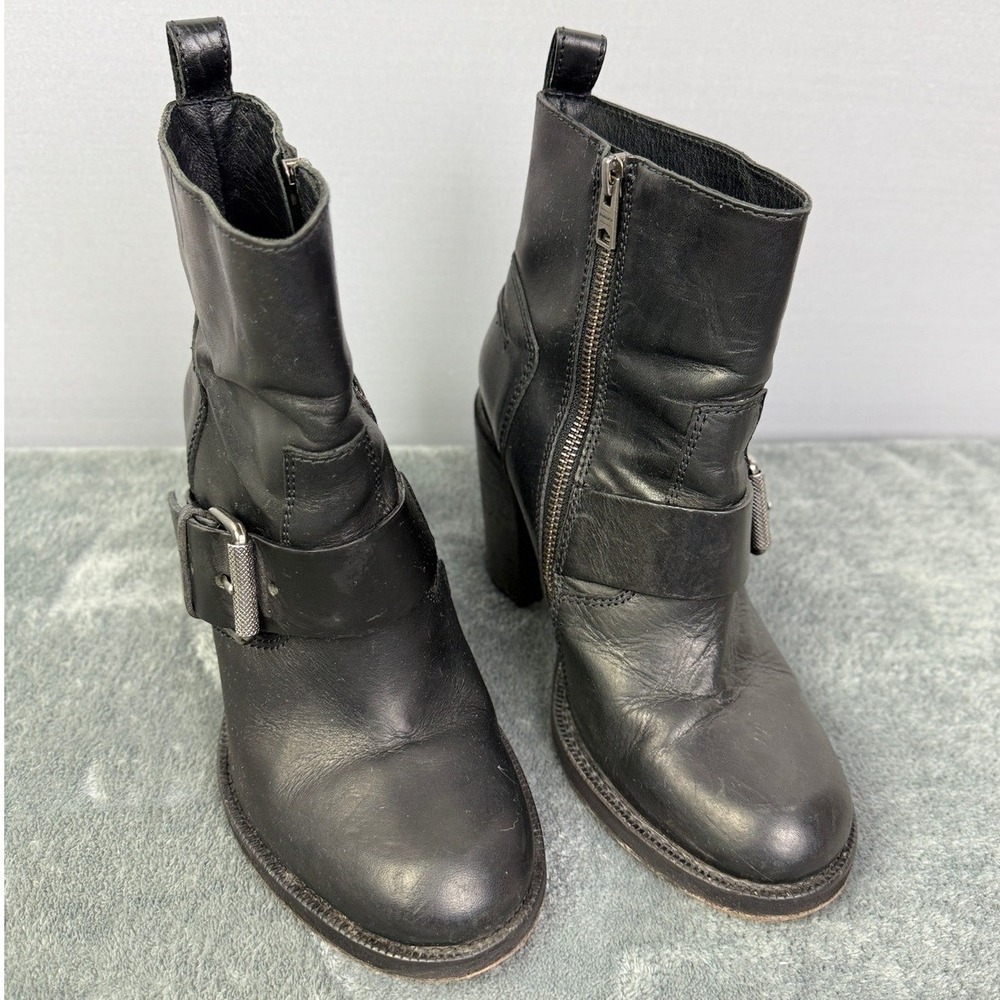 AllSaints Leather Moto Boots Buckle‎ Accents Zip Up Black Heel Size 39